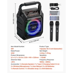 Karaokelaite 20-watin teho 6,5-tuuma kaiutin kaksi langatonta mikrofonia Bluetooth 5.1 ladattava akku