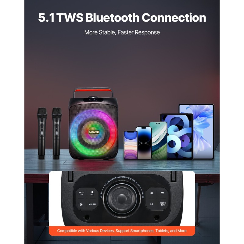 Kannettava karaokelaite 30W 6.5-tuumainen kaiutin 2 langatonta mikrofonia LED-valot ladattava akku