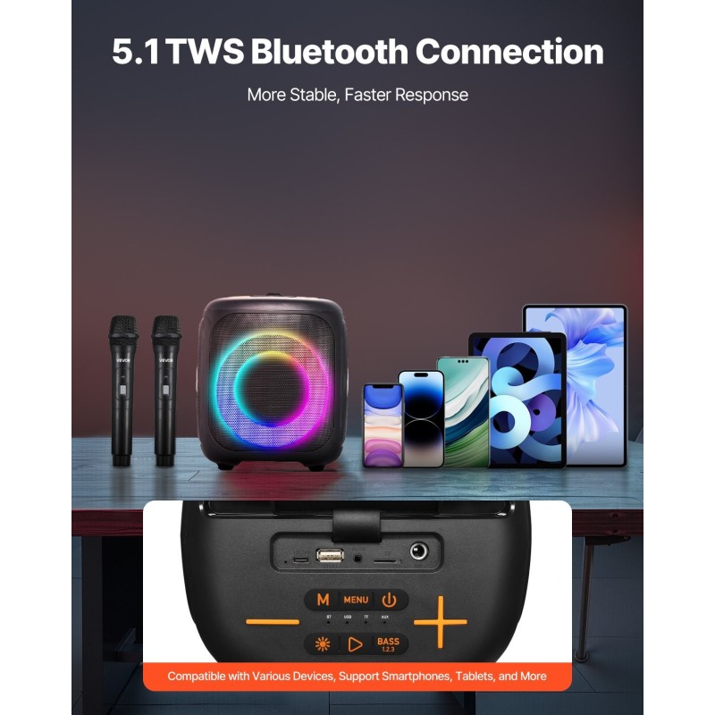 Kannettava karaokekaiutin 15W kaksi langatonta mikrofonia Bluetooth 5.1 TWS LED ladattava akku