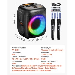 Kannettava karaokekaiutin 15W kaksi langatonta mikrofonia Bluetooth 5.1 TWS LED ladattava akku