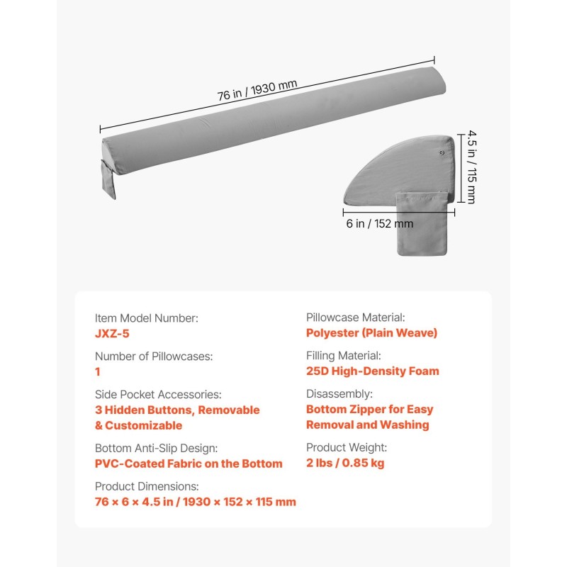 Sängynpäädyn täyttötyyny 25D-korkeatiheyksinen vaahto 1930x152x115 mm liukumaton pohja sivutasku