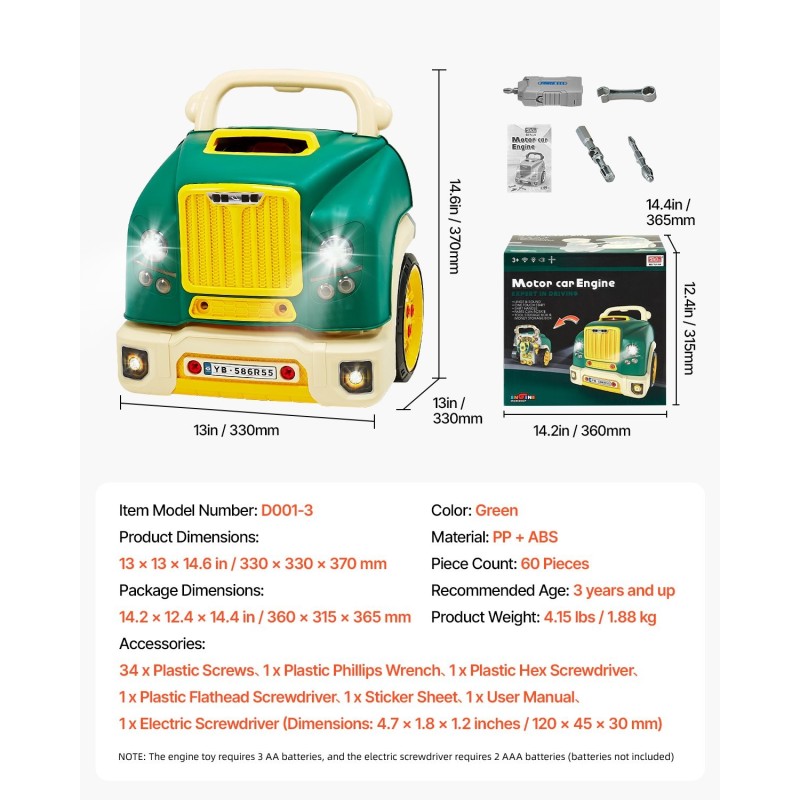 Kuorma-auton moottorilelu PP- ja ABS-muovia 60 osaa sähköisellä ruuvimeisselillä 3-vuotiaille