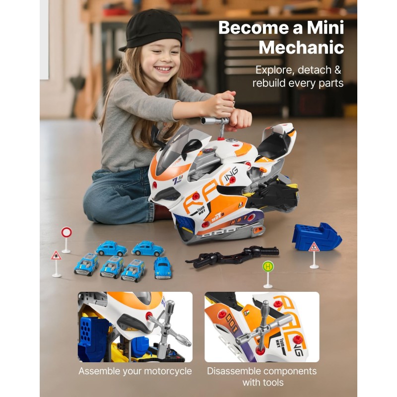 Moottoripyörälelu kuusitoiminen ABS ja PP-muovinen avattava kaksi kilparataa keltainen