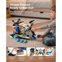 Moottoripyörälelu kuusitoiminen ABS ja PP-muovinen avattava kaksi kilparataa keltainen