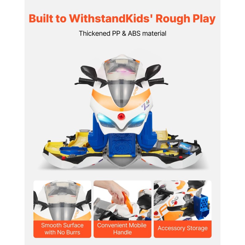 Moottoripyörälelu kuusitoiminen ABS ja PP-muovinen avattava kaksi kilparataa keltainen