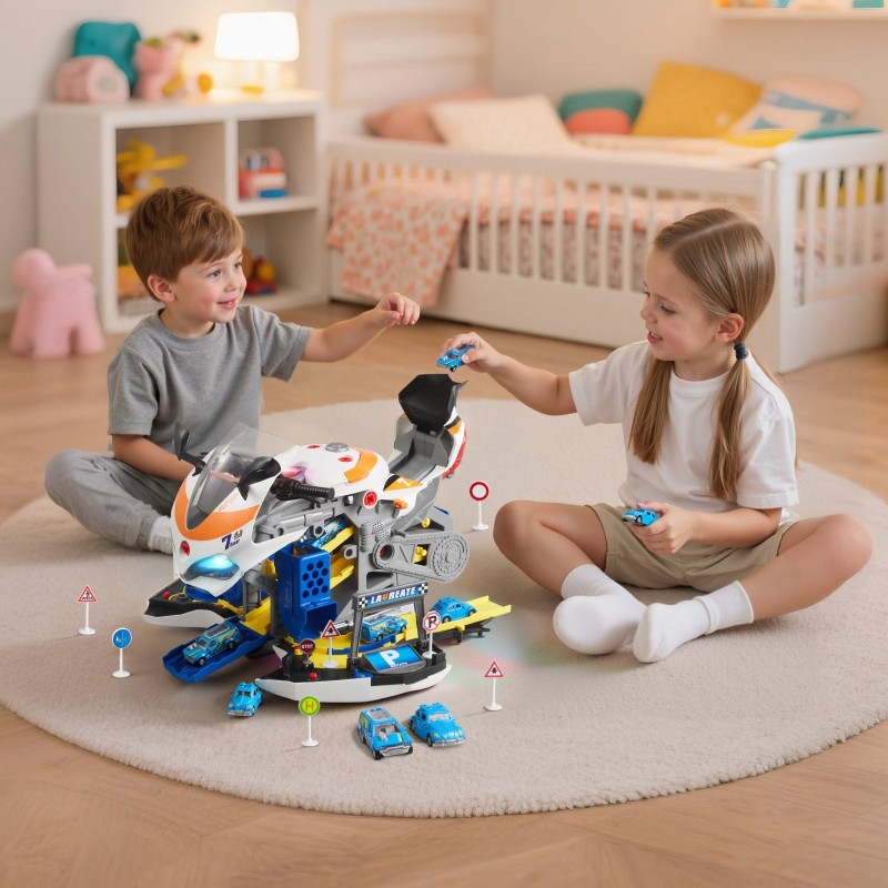 Moottoripyörälelu kuusitoiminen ABS ja PP-muovinen avattava kaksi kilparataa keltainen