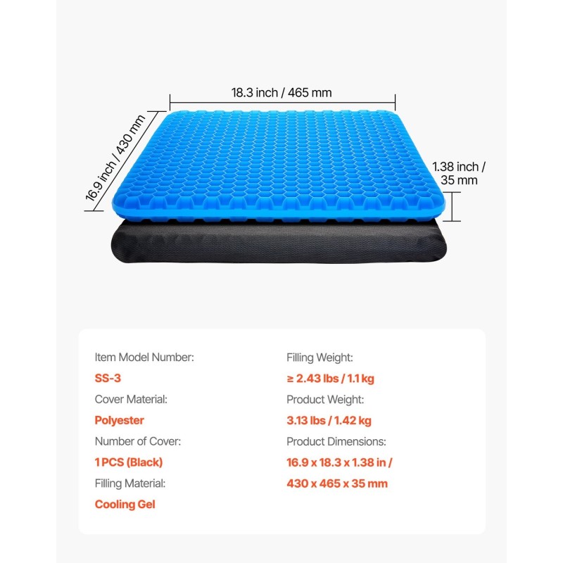 Istuintyyny geelitäytteellä hunajakennorakenteella 43×46×3,5 cm irrotettava polyesteripäällinen musta