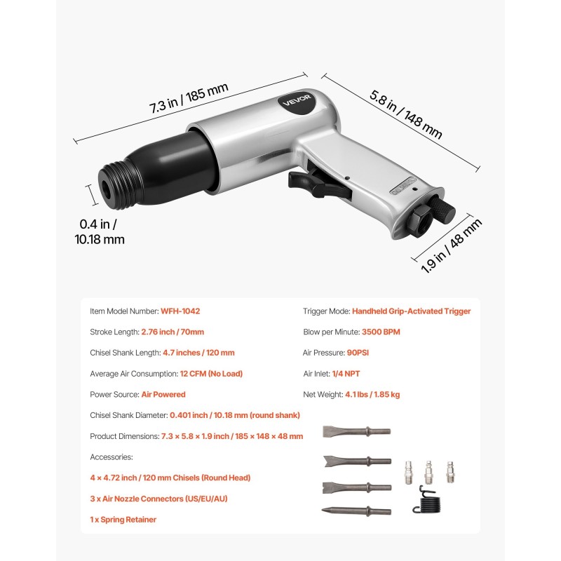 Paineilmavasara 3500 iskua minuutissa 70 mm iskunpituus 4 talttaa ergonominen kahva