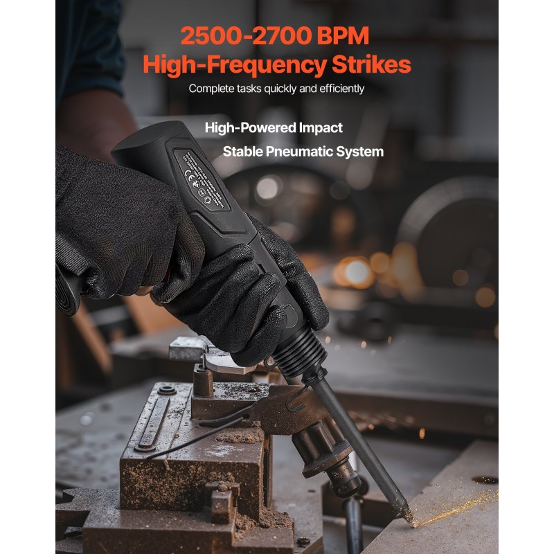 Paineilmakäyttöinen pistoolimallinen meisselivasara seitsemänkymmenen millimetrin iskunpituus neljä meisseliä mukana