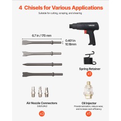 Paineilmakäyttöinen pistoolimallinen meisselivasara seitsemänkymmenen millimetrin iskunpituus neljä meisseliä mukana
