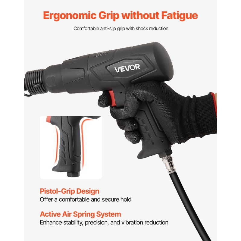 Paineilmakäyttöinen pistoolimallinen meisselivasara seitsemänkymmenen millimetrin iskunpituus neljä meisseliä mukana