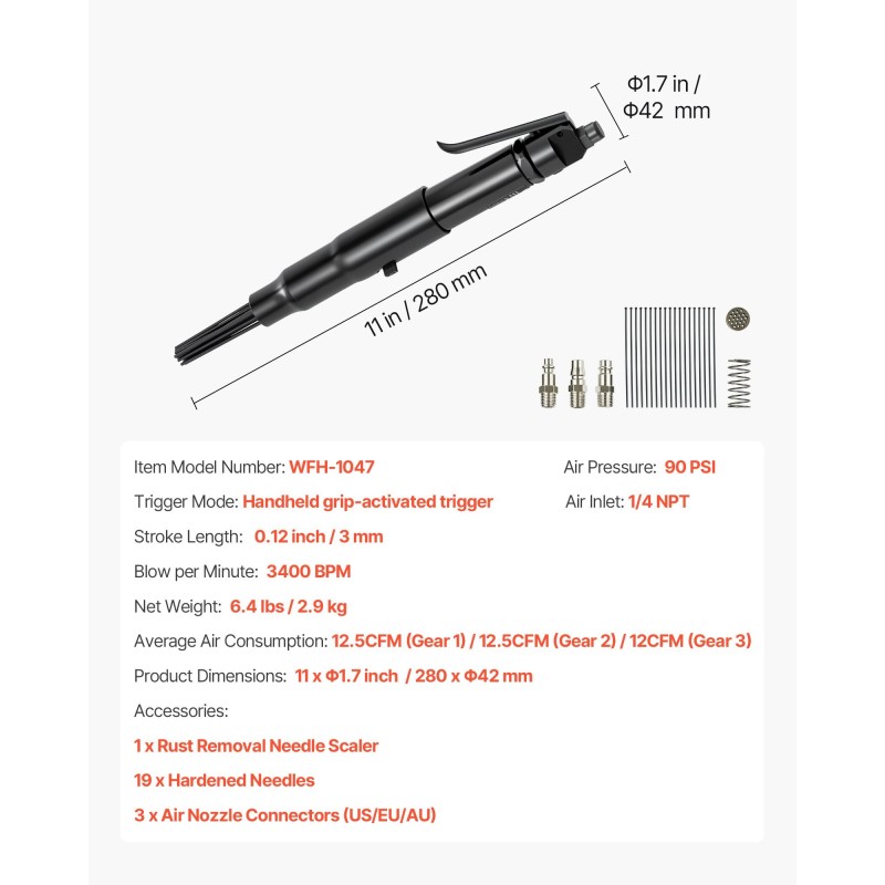 Paineilma neulalaikkuri 19 neulaa 3-portainen säätö 2,9 kilogrammaa