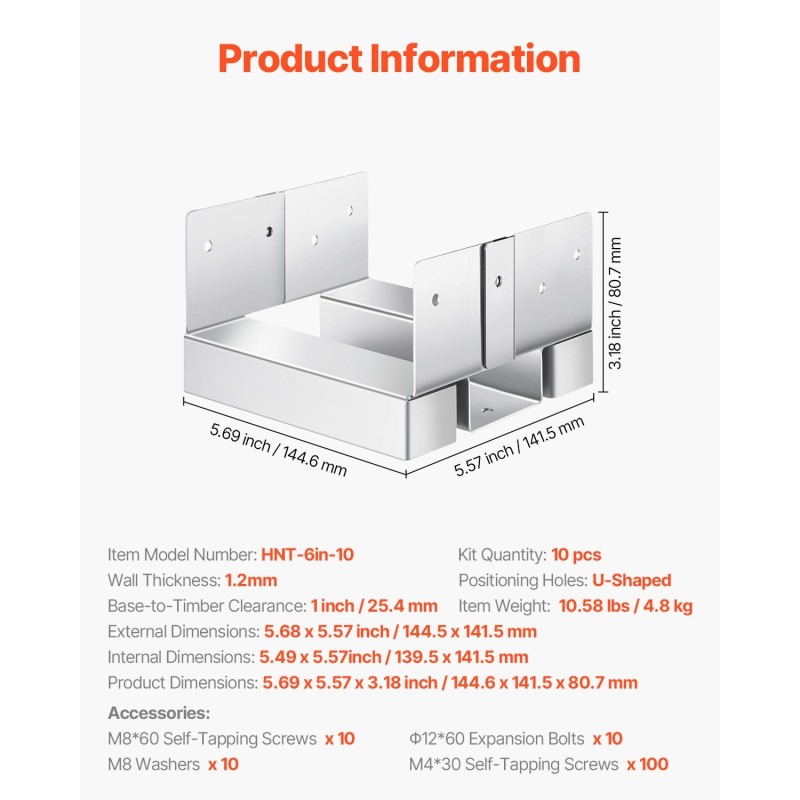 Pylväjalusta 6x6 puupylväälle sinkitty hiiliteräs 10 kpl