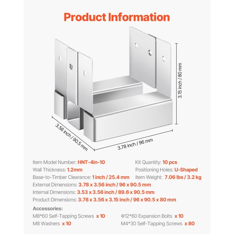 Pylväsjalusta puupylväälle sinkitty hiiliteräs kymmenen kappaletta sisämitat 89,6x90,5 mm