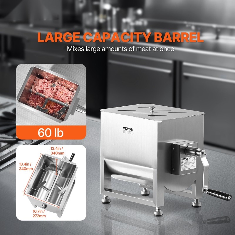 Manuaalinen lihasekoitin ruostumatonta terästä 60L säiliö 60 paunaa säädettävät kumijalat
