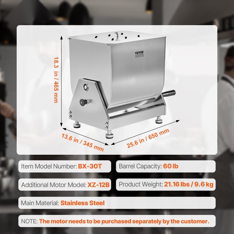 Käsikäyttöinen lihasekoitin SUS201-ruostumattomasta teräksestä 60 L säiliöllä