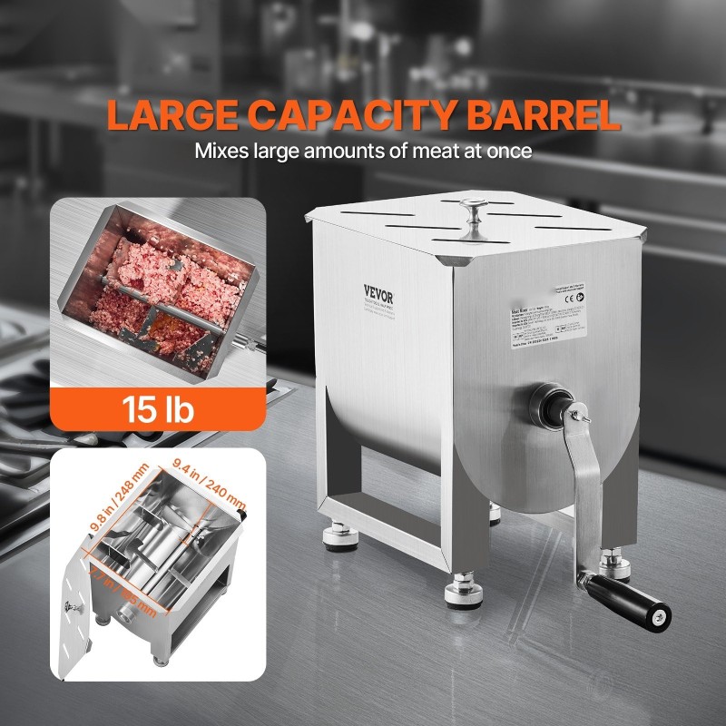 Manuaalinen lihasekoitin 15 L säiliö SUS201 ruostumaton teräs ergonominen kampikahva säädettävät kumijalat