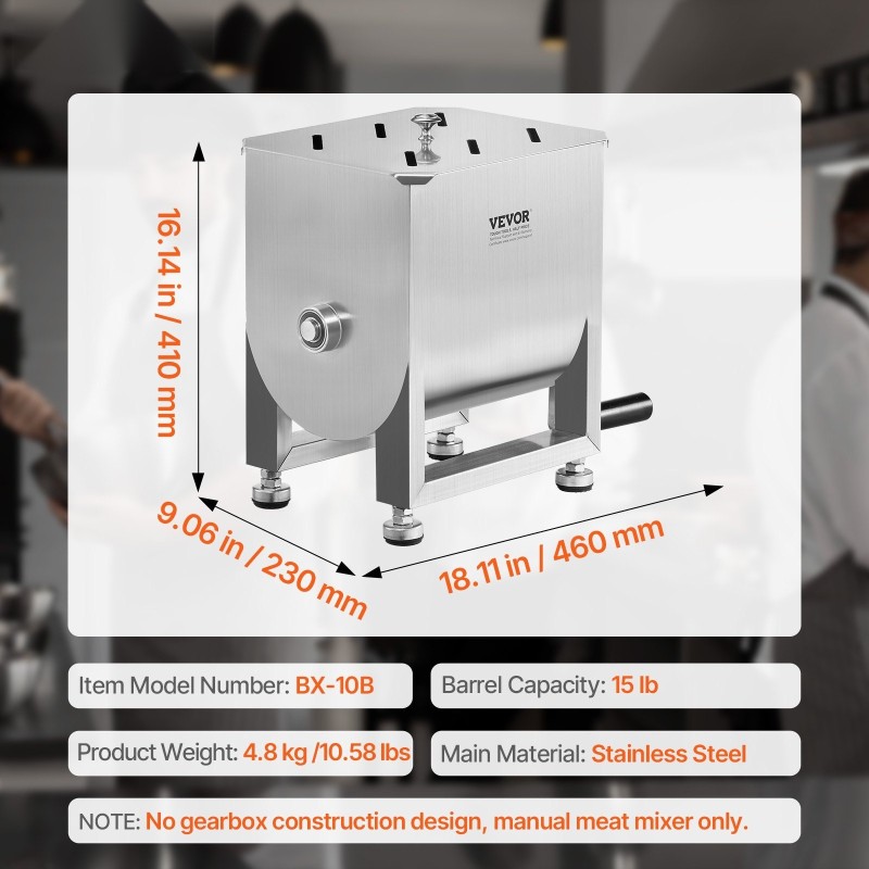 Manuaalinen lihasekoitin 15 L säiliö SUS201 ruostumaton teräs ergonominen kampikahva säädettävät kumijalat