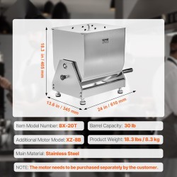 Manuaalinen lihasekoitin ruostumaton teräs 30 l kallistettava säiliö säädettävät kumijalat