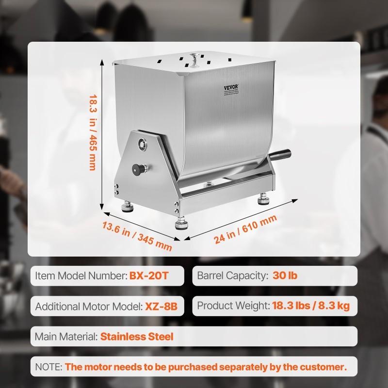 Manuaalinen lihasekoitin ruostumaton teräs 30 l kallistettava säiliö säädettävät kumijalat
