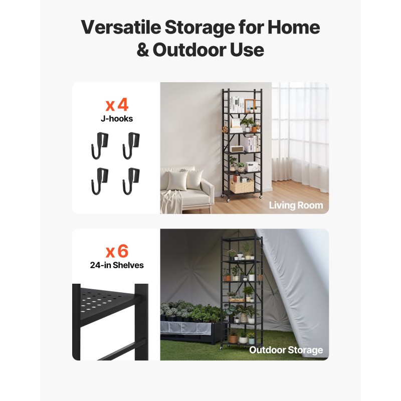 Taittuva 6-tasoinen hiiliteräshylly pyörillä ja 4 koukulla 300×610×1830 mm