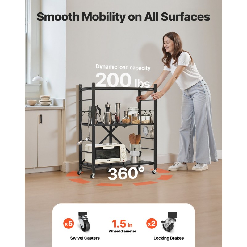 Kokoontaitettava metallihylly Q235A-hiiliteräs 3-tasoinen pyörillä musta