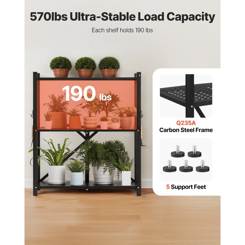 Kokoontaitettava metallihylly Q235A-hiiliteräs 3-tasoinen pyörillä musta