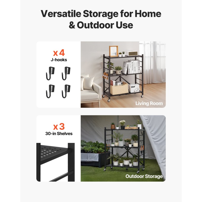 Kokoontaitettava metallihylly Q235A-hiiliteräs 3-tasoinen pyörillä musta