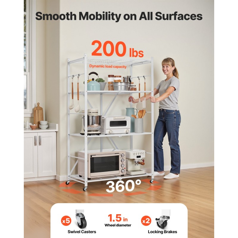 Säilytyshylly 4-tasoinen taitettava hiiliteräs pyörillä valkoinen