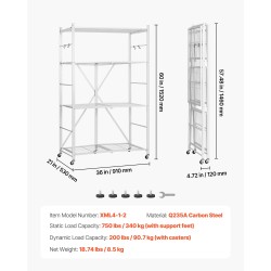 Säilytyshylly 4-tasoinen taitettava hiiliteräs pyörillä valkoinen