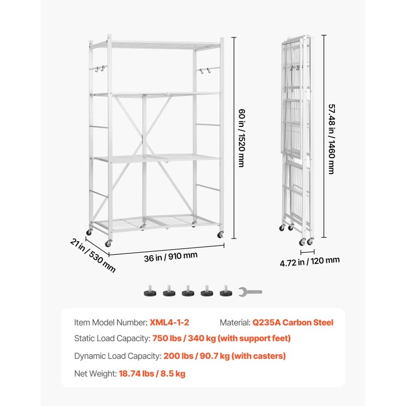 Säilytyshylly 4-tasoinen taitettava hiiliteräs pyörillä valkoinen