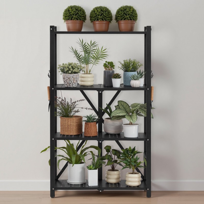 4-tasoinen taitettava metallihylly hiiliteräs lukittavat pyörät 4 koukkua mitat 330x660x1170 mm