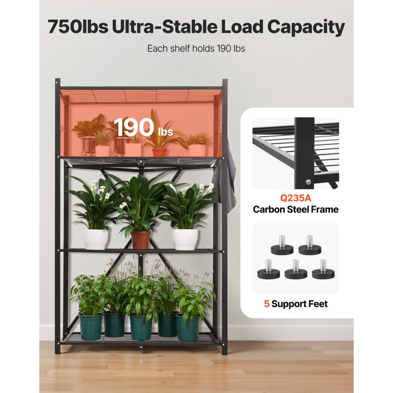 Taittuva metallihylly neljä tasoa hiiliteräs viisi lukittavaa pyörää 530x910x1520 mm musta