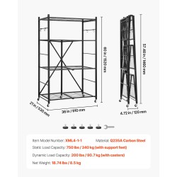 Taittuva metallihylly neljä tasoa hiiliteräs viisi lukittavaa pyörää 530x910x1520 mm musta