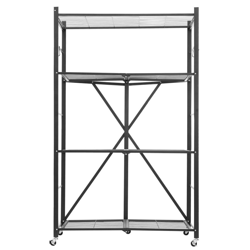 Taittuva metallihylly neljä tasoa hiiliteräs viisi lukittavaa pyörää 530x910x1520 mm musta