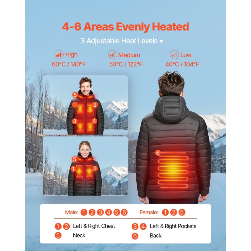 Miesten lämmitettävä takki pehmeä kuorimateriaali 6 lämmitysvyöhykettä 8000 mAh koko M musta