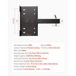 Vinssin kiinnike 2 tuuman vastaanottimeen musta pulverimaalattu teräs 6803 kg vetokyky