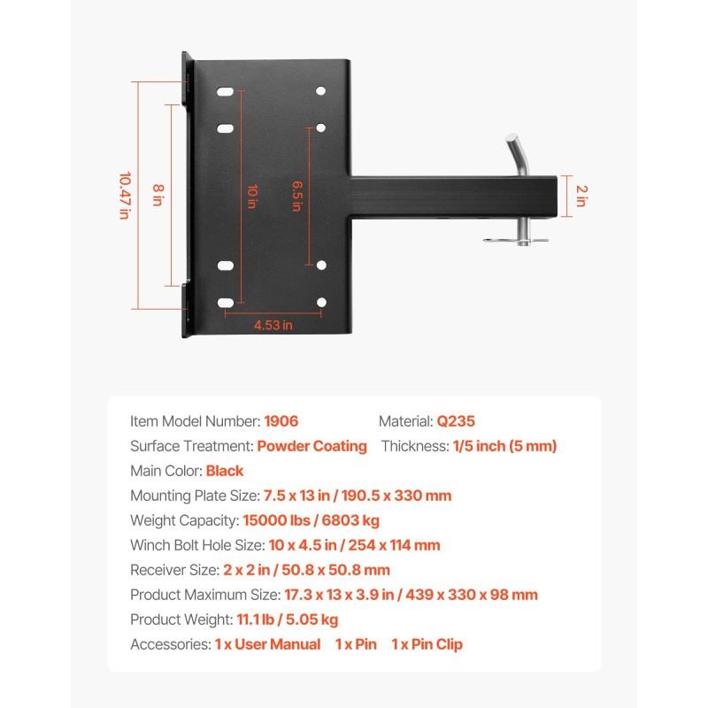 Vinssin kiinnike 2 tuuman vastaanottimeen musta pulverimaalattu teräs 6803 kg vetokyky