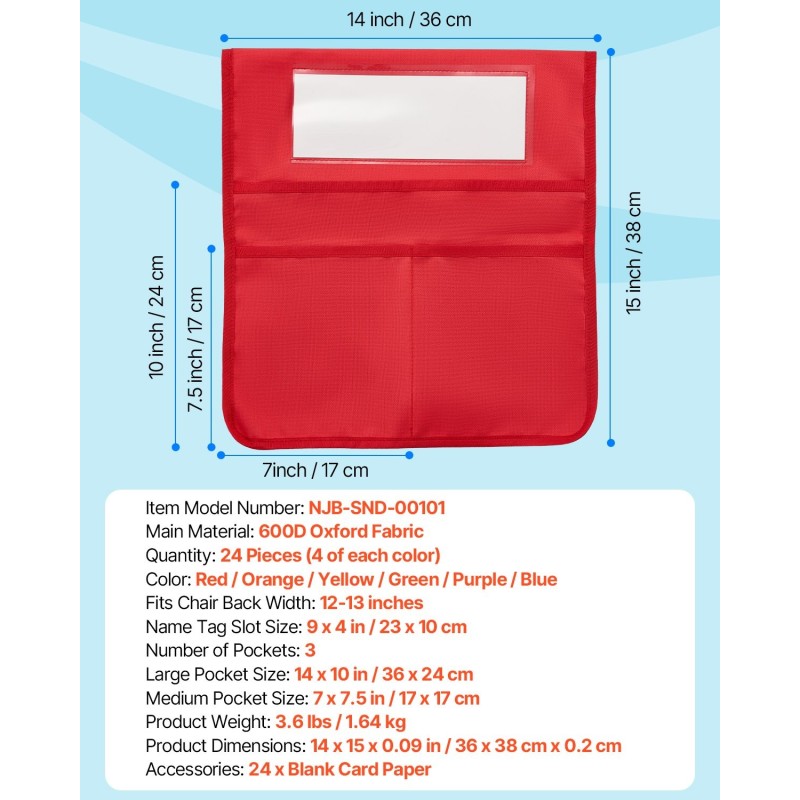 Tuolin selkänojataskut 24 kpl Oxford-kangasta 12–13 tuuman selkänojiin 6 värissä