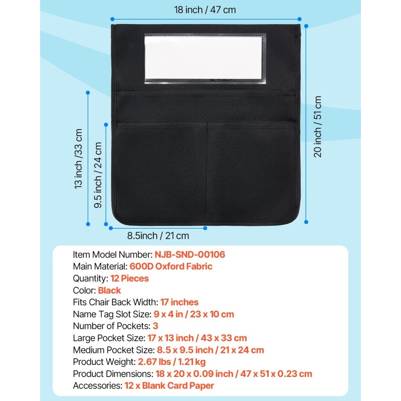 Tuolinselkätaskusetti 12 kpl 600D Oxford-kangas musta sopii 17 tuuman selkänojaan