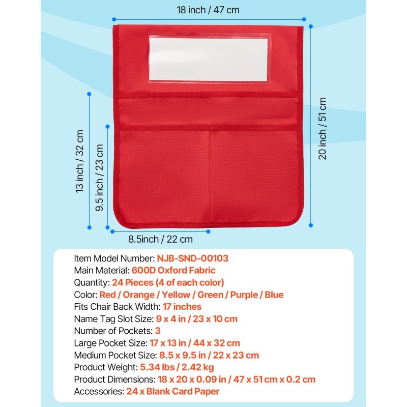 Tuolin selkänojan taskusarja 24-osainen 600D Oxford-kangas 465x510 mm kouluille