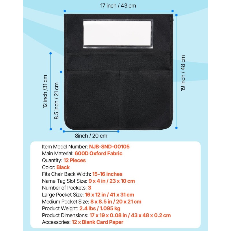 Tuolin selkänojan säilyttimet 12 kpl musta 600D Oxford-kangas 3 taskua