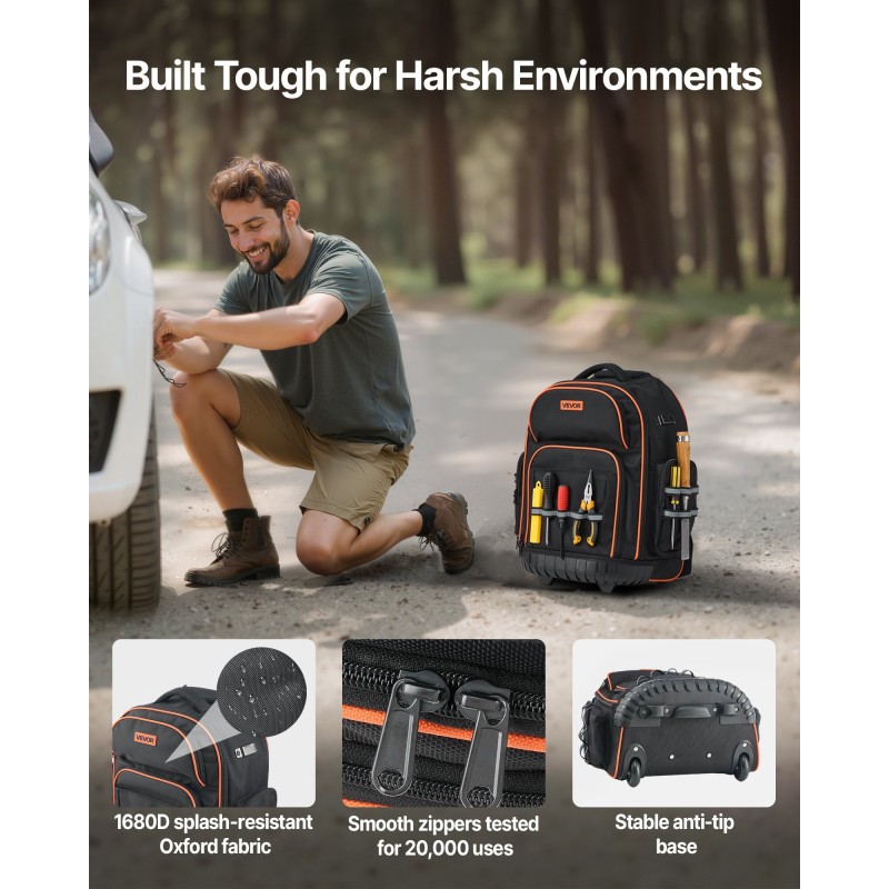 Rullattava työkalureppu 1680D ja 600D polyesteri 45 taskua 50 kg kantavuus