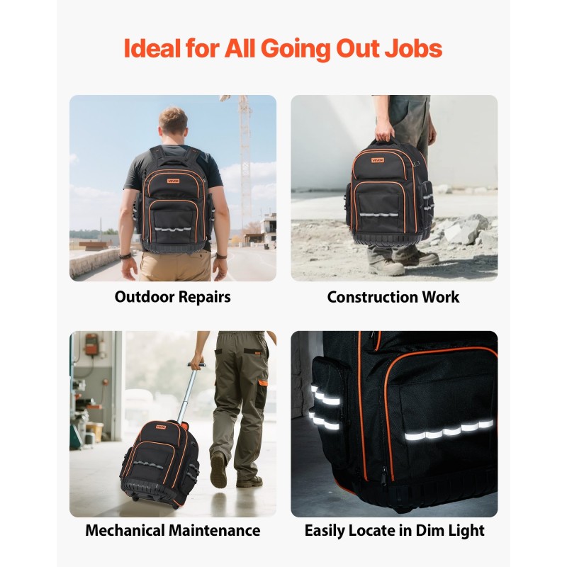 Rullattava työkalureppu 1680D ja 600D polyesteri 45 taskua 50 kg kantavuus