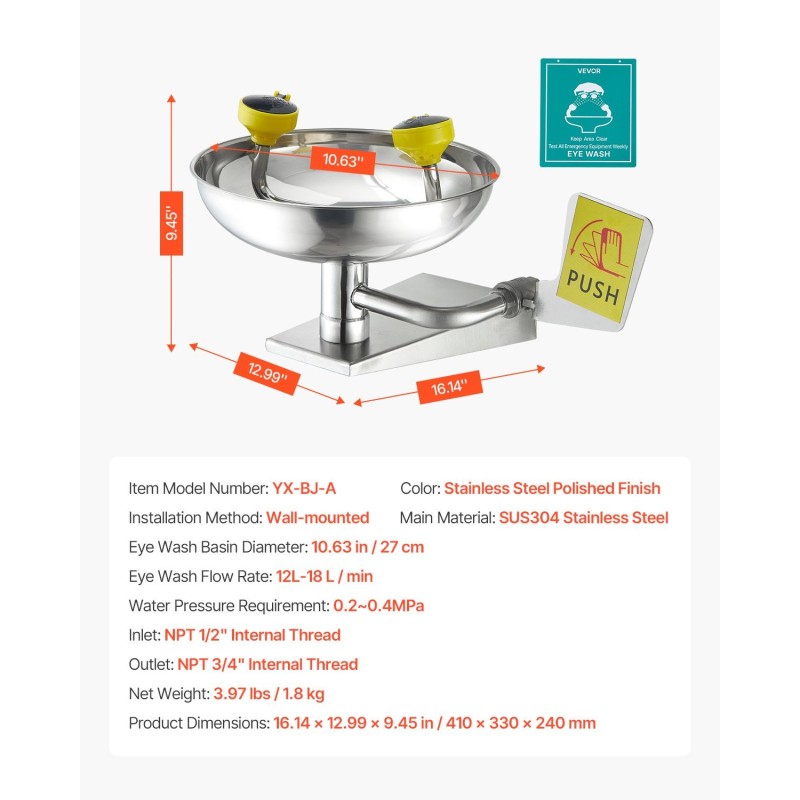 Seinäasennettava hätäsilmähuuhtelupiste SUS304-ruostumaton teräs ABS-pinnoite 12–18 l/min työtiloihin