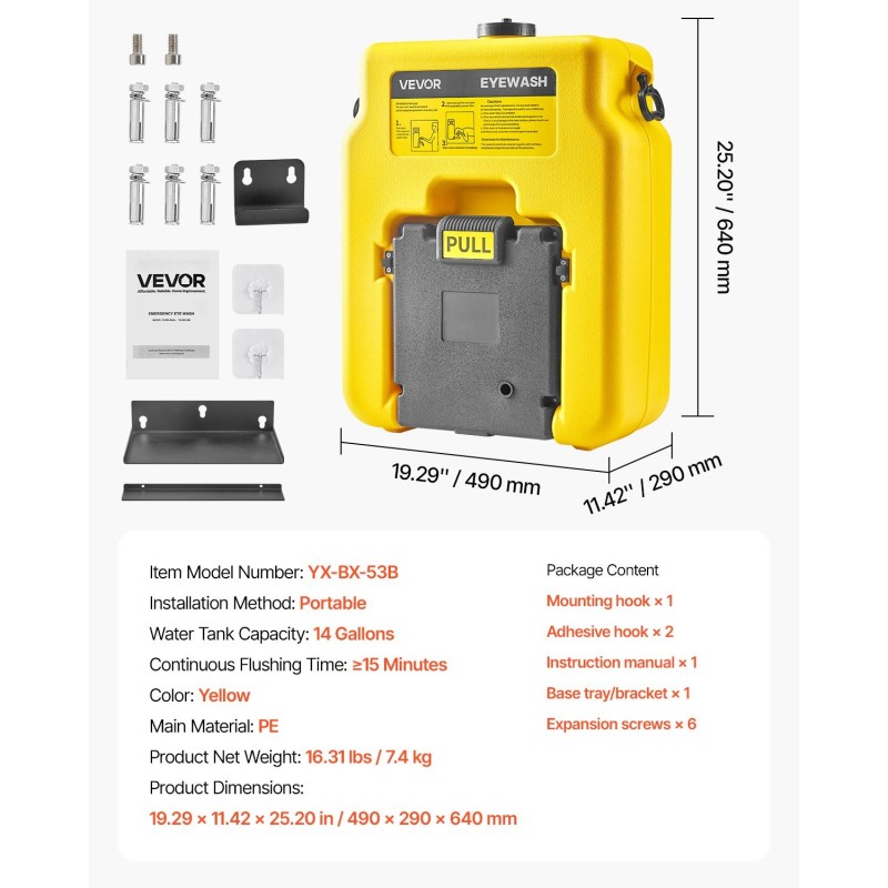Silmänhuuhteluasema kannettava polyeteenimuovinen 53-litrainen kaksoissuutin keltainen