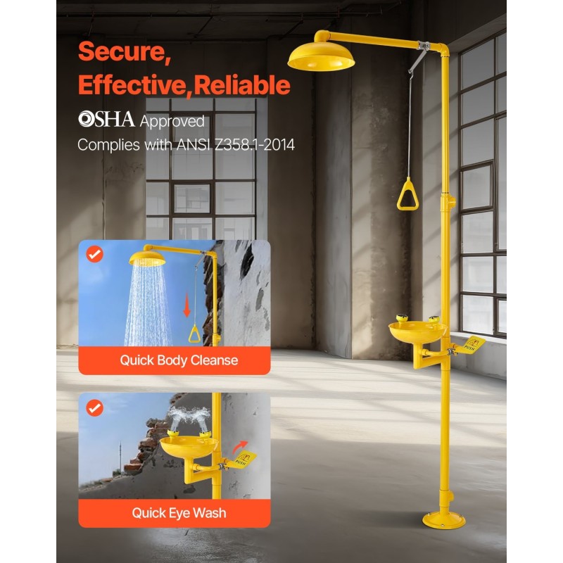 Lattia-asenteinen hätäsuihku ja silmähuuhteluasema SUS304-teräs ABS-pinnoite kouluille laboratorioihin