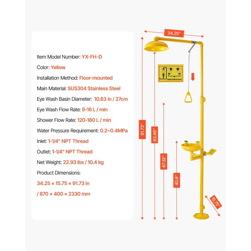 Lattia-asenteinen hätäsuihku ja silmähuuhteluasema SUS304-teräs ABS-pinnoite kouluille laboratorioihin
