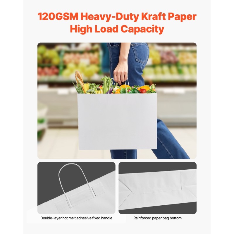 Paperikassit kraft-paperista valkoiset 406×152×308 mm 100 kpl kantokahvoilla