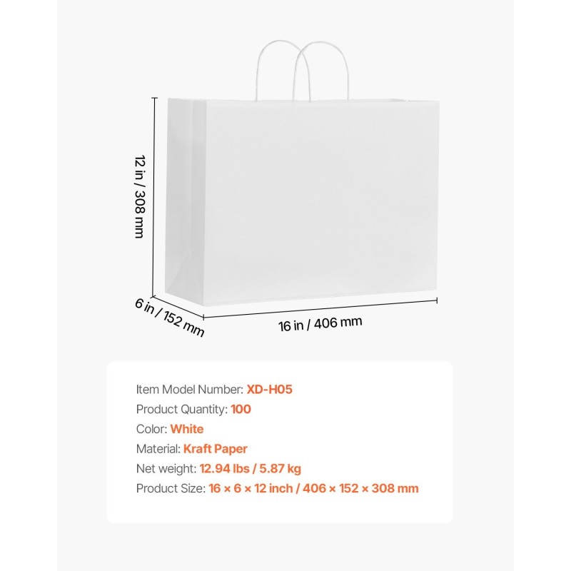 Paperikassit kraft-paperista valkoiset 406×152×308 mm 100 kpl kantokahvoilla